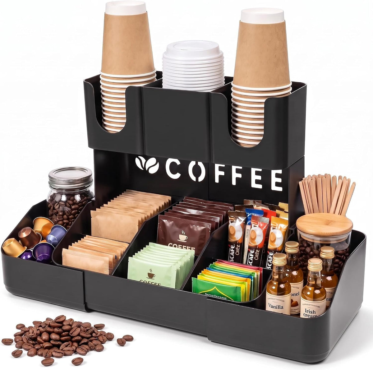 Expandable 2 Tier Coffee Station Organizer, Coffee Bar Organizer with 11 Compartments & Cup Holder Rack, Coffee Pod Holder for K Cups, Tea Bags, Sugar Packets, Countertop Coffee Accessories Storage