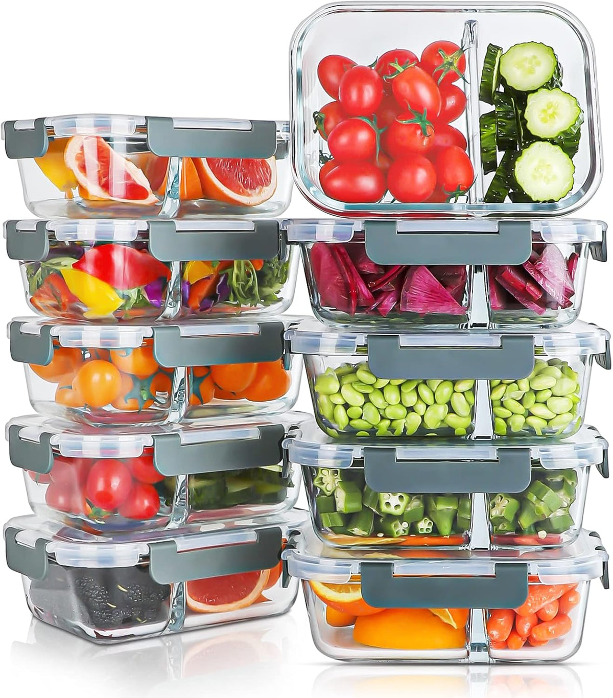 10 Packs 30oz Glass Meal Prep Containers 2 Compartments