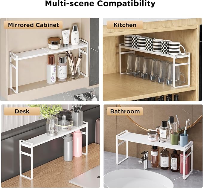 Expandable Narrow Shelf Organizer, Tall Countertop Organizer for Tight Spaces, Windowsill Plant Stand, Over-Sink/Faucet Shelf, Kitchen Counter Storage, Bathroom Vanity, Laundry Room (White)