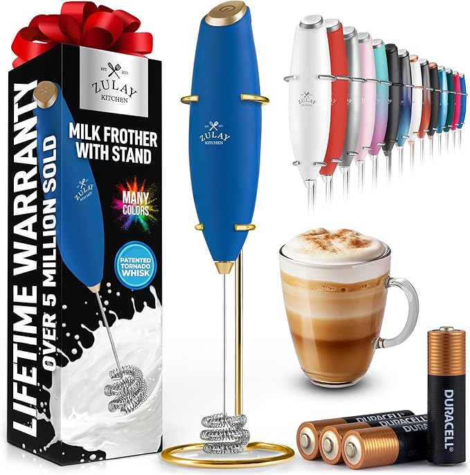 Zulay Kitchen Powerful Milk Frother Wand With Duracell Batteries - Ultra Fast Handheld Drink Mixer - Electric Whisk Foam Maker for Coffee, Lattes, Cappuccino & Matcha - Triple Whisk - Prussian Gold