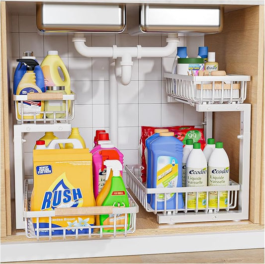 Under Sink Organizer, 2 Pack Under Kitchen Sink Organizer, 2 Tier Sliding-Out