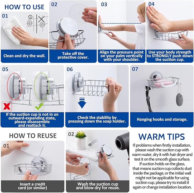 Soap Dish, Soap Bar Holder for Shower Suction Cup with 4 Hooks Wall Mounted, Stainless Steel No-Drilling Removable Waterproof Sponge Holder for Bathroom Bathtub Kitchen Sink, Silver