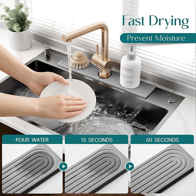 eormoe Faucet Mat for Kitchen Sink - Diatomaceous Earth Faucet Splash Guard, Fast Drying Sink Protector - Water Absorbing Stone for Bathroom Sink (Grey, 19.5'' x 3.9'')