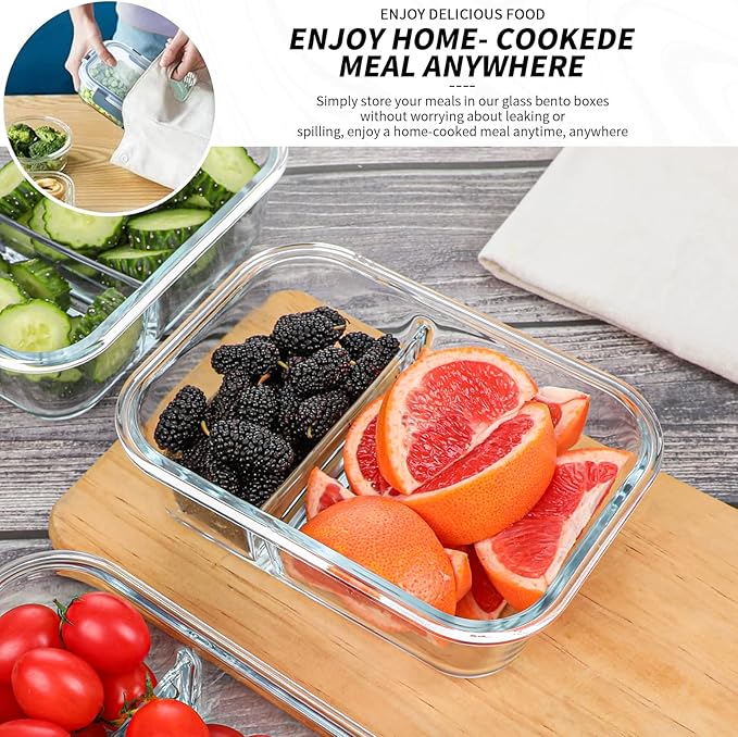 KOMUEE 10 Pack Glass Storage Containers 1 Compartment and 10 Pack Glass Meal Prep Container 2 Compartments