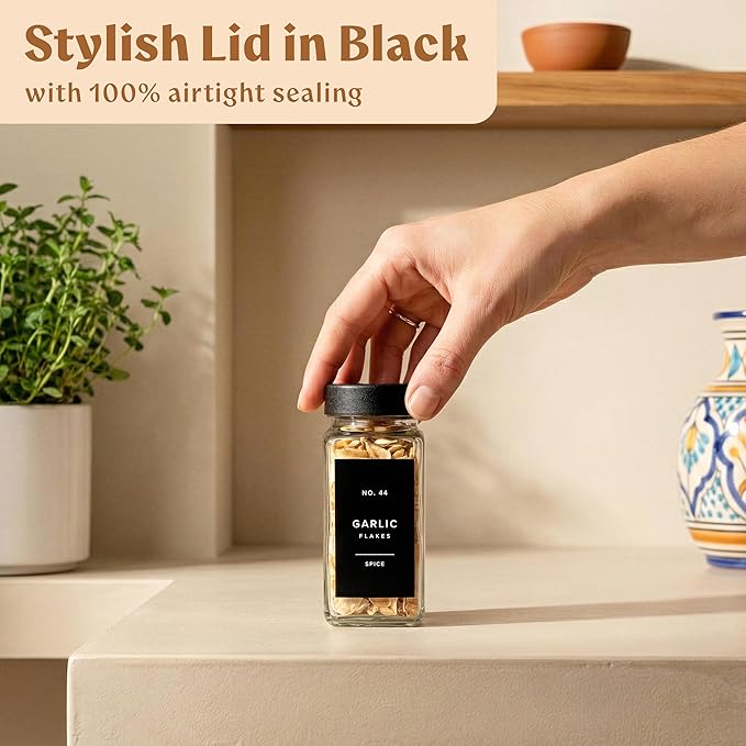 EDELHAUS Glass Spice Jars with Labels (24 x 4oz) Spice Containers with 240 Labels, Shaker Inserts, Funnel, Empty Square Empty Square Seasoning Organizer (Black Lids)