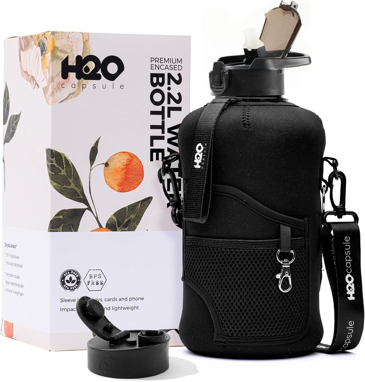 2.2L Half Gallon Water Bottle with Storage Sleeve and Removable Straw – BPA Free Large Reusable Drink Container with Handle - Big Sports Jug, 2.2 Liter (74 Ounce), Jet Black