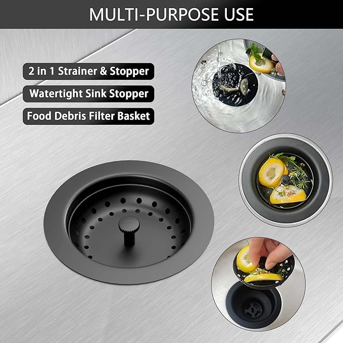 Black Sink Drain 3-1/2 Inch Matte Black Kitchen Sink Drain Strainer Assembly Kit with Strainer Basket and Drain Stopper for Standard Kitchen Sink Stainless Steel