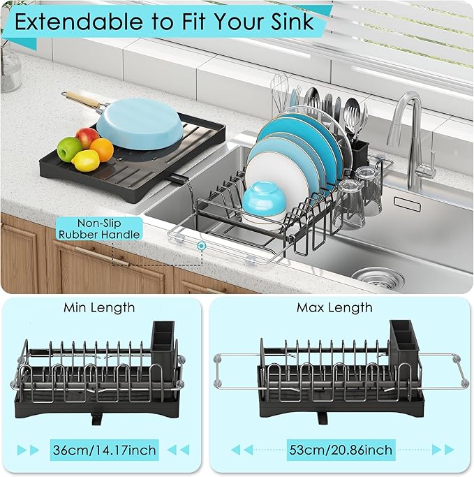 ANTOPY Dish Drying Rack in Sink, Expandable Rustproof Dish Rack for Kitchen Counter, Over the Sink Dish Drainer with Utensil Holder, Cup Rack, Drainboard, Space Saving Dish Dryer Rack for Inside Sink