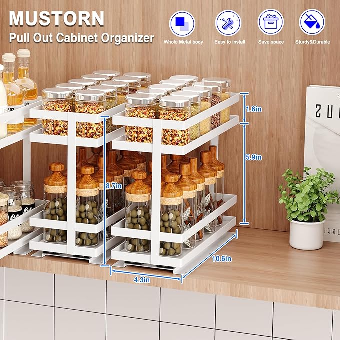 Mustorn 4 Pack Pull Out Spice Rack Organizer for Cabinet, 2 Tier Metal Slide Out Seasoning Organizer and Storage Heavy Duty Vertical Spice Rack Shelf Pullout for Kitchen Cabinets No Drilling (White)