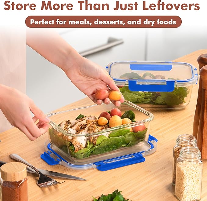 Razab 2 Pcs 1860ml / 63 Oz Large Glass Food Storage Containers with Lids - Glass Meal Prep Containers with Locking Lids for Roasting, Storing Leftover, Lunch Container, BPA Free, Microwave & Oven Safe