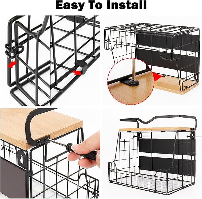 Livabber Magnetic Fridge Organizer Basket with Wood Shelf, Large Fruit Vegetable Storage Bin, Spices Snacks Condiments Rack for Kitchen Pantry, Laundry Room, Office, Magnetic or Wall Mount (Black)
