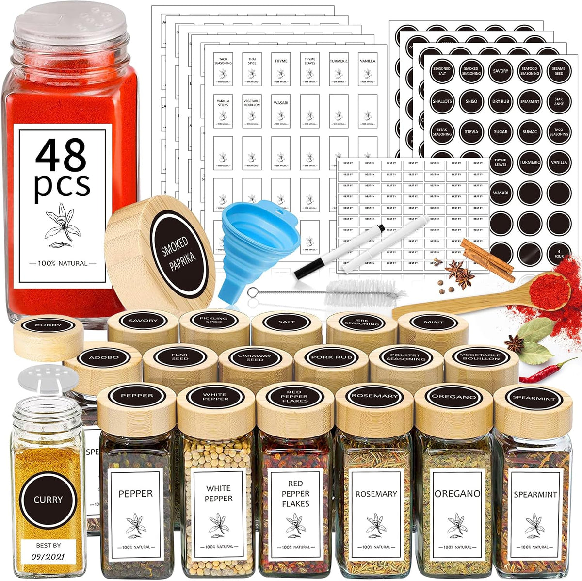 Spice Jars with Lable, 48 Pcs 4 oz Glass Spice Jars with Bamboo Lids, Spice Containers Bottles, Glass Seasoning Jars with Shaker Lids, Collapsible Funnel, for Spice Racks, Pantry,Cupboard