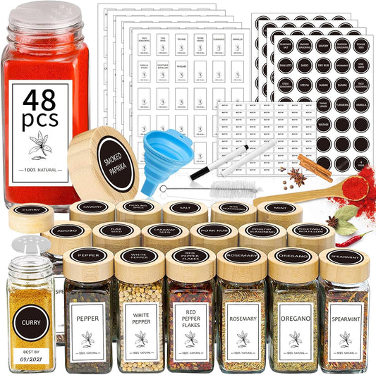 Spice Jars with Lable, 48 Pcs 4 oz Glass Spice Jars with Bamboo Lids, Spice Containers Bottles, Glass Seasoning Jars with Shaker Lids, Collapsible Funnel, for Spice Racks, Pantry,Cupboard