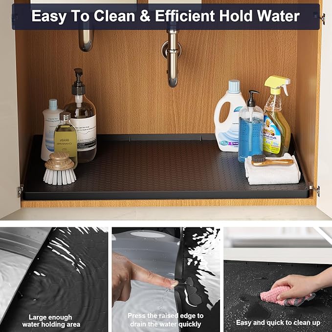 Under Sink Mat - 37" x 22" Waterproof Kitchen Cabinet Mat - Flexible Silicone Under Sink Liner - Kitchen Bathroom Cabinet Mat and Protector for Drips Leaks Spills (Black)