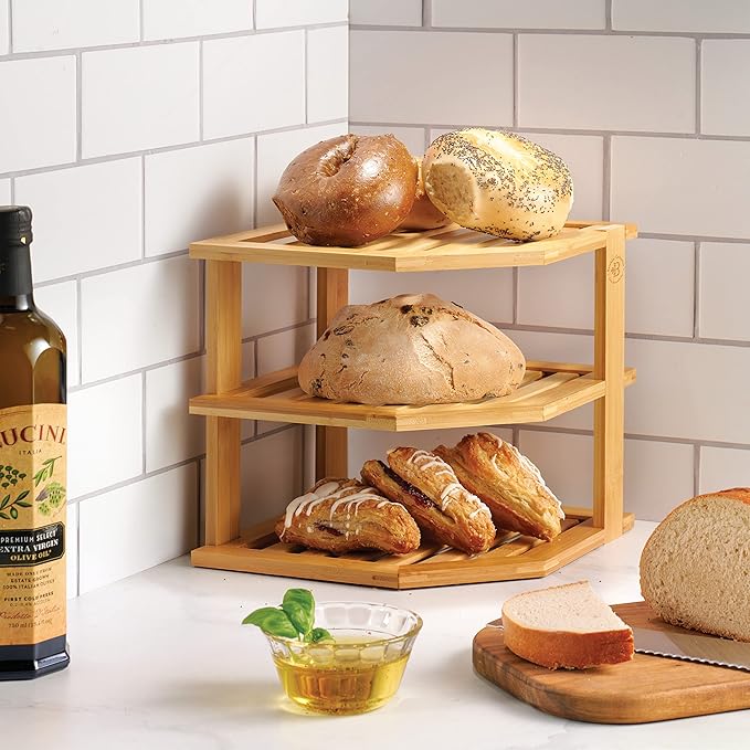 Bambüsi Plate Organizer for Cabinet - 3 Tier Bamboo Corner Shelf Cabinet Organizer for Plates Bowls Mugs Cups, Kitchen Organization, Space Saving Countertop Shelf, Small Spaces, 10 x 10 x 9.5 Inch