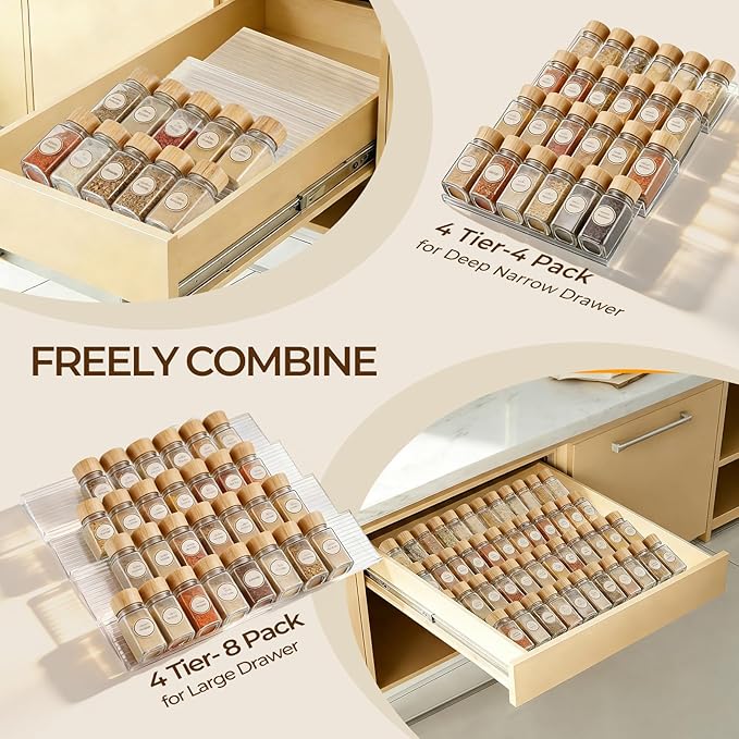UFORU Acrylic Spice Drawer Organizer 4 Tier(8 Packs),Expandable from 11" to 22" Seasoning Organizer Tray for Kitchen - Clear Tiered Spice Rack for Drawer, No Assembly Required(Jars Not Included)