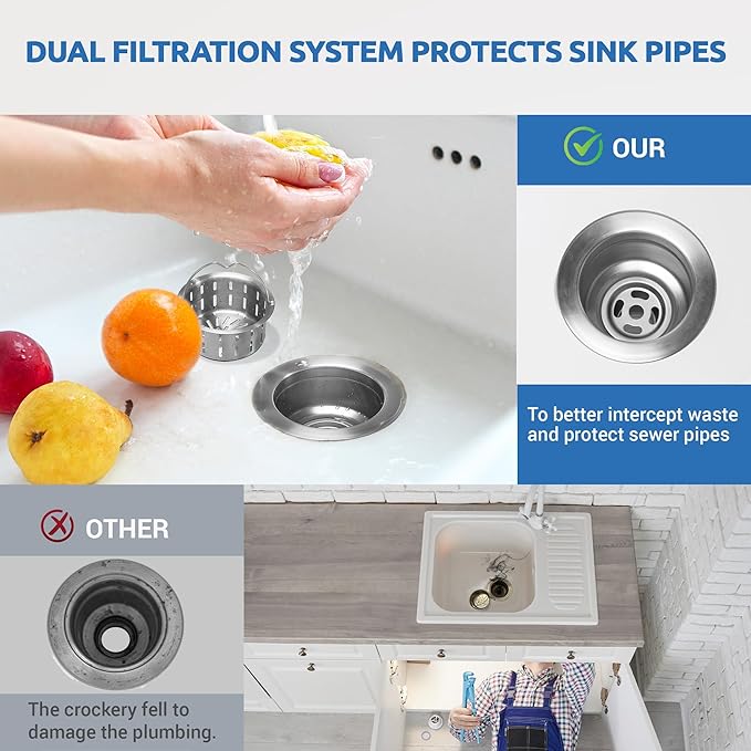 BOTEMY Kitchen Sink Drain Assembly with Removable Deep Basket Strainer, Anti-Clog Sink Drain Kit, Stainless Steel & ABS, Easy Clean Lift-Out Strainer, Fits Standard 3-1/2 Kitchen Sinks - Brushed