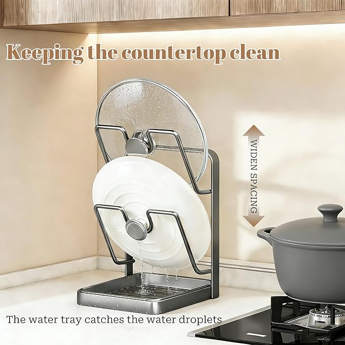 304 Stainless Steel Kitchen Pot Lid Storage Rack, Pot Lid Holder while Cooking, Pot Lid Organizer with Removable Tray & Spoon Rest,Waterproof & Rustproof(Beige, 2 Layer)