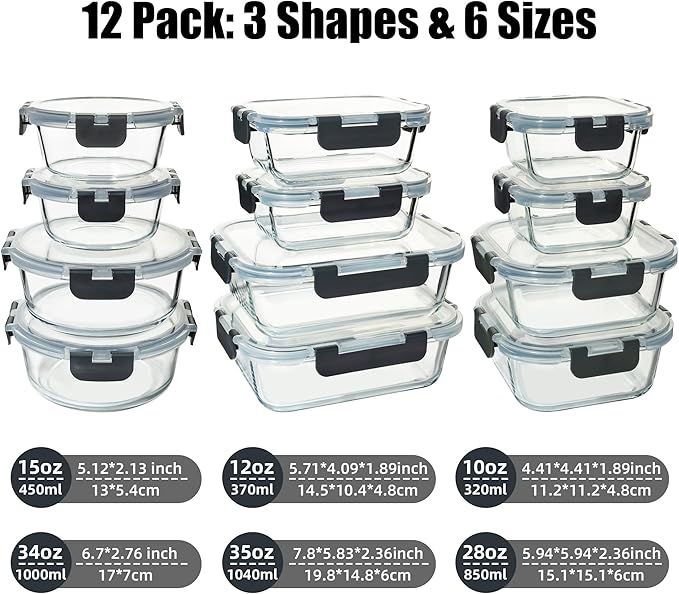 12 Pack Glass Food Storage Containers Set, Grey