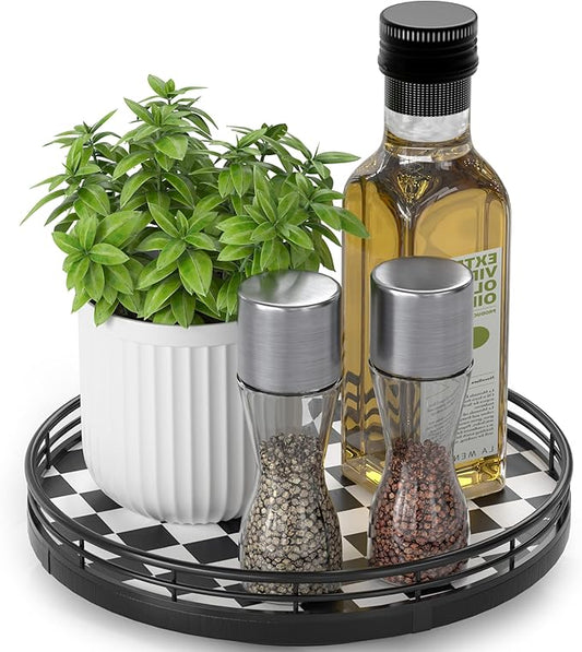 Black and White Kitchen Lazy Susan Turntable – Checkered Round Decorative Tray, 9" Table Top Oak Wood Lazy Susan for Cookies, Dining Table Organizer
