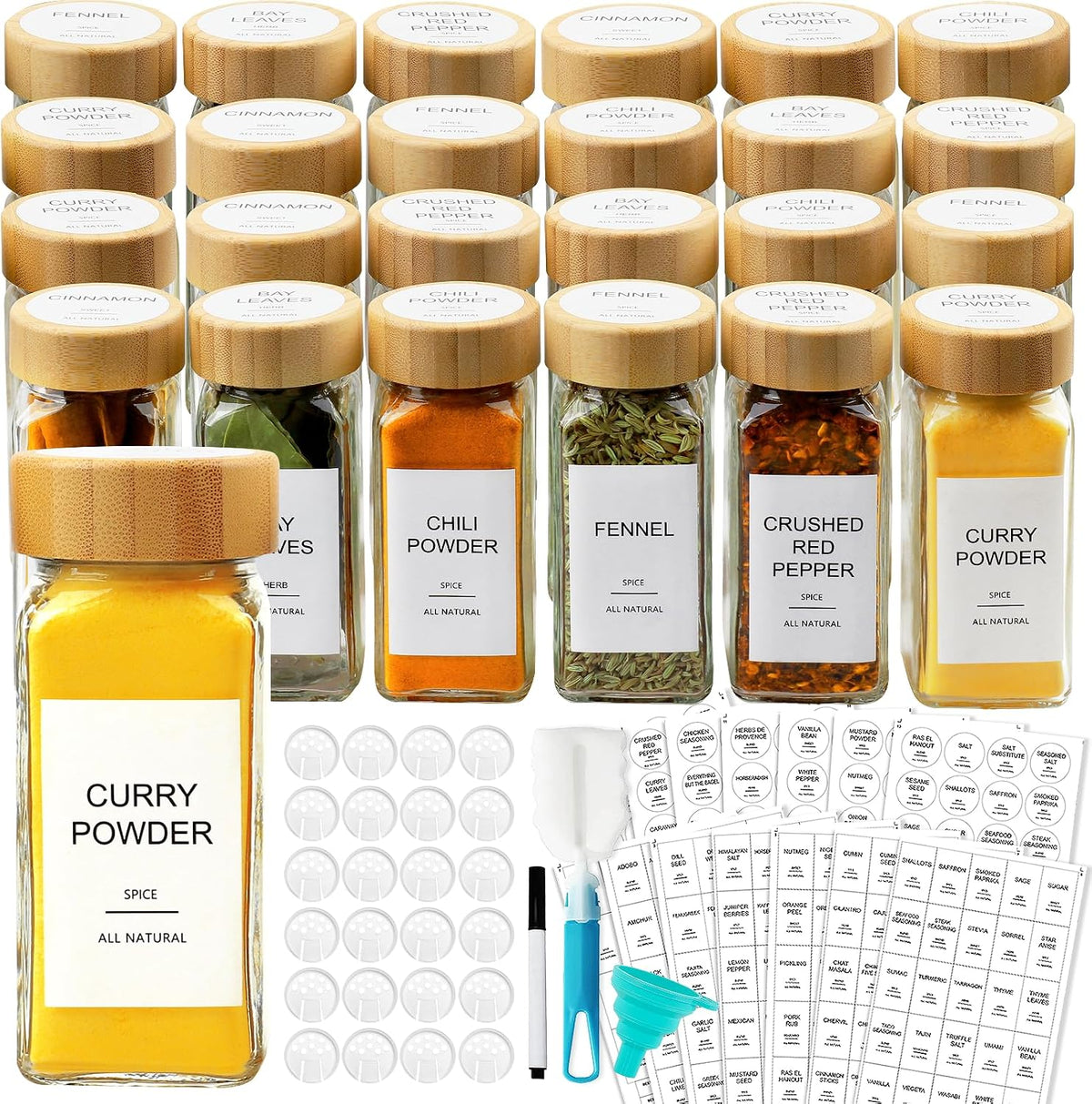 Glass Spice Jars with 398 Labels, 24 pcs 4oz Spice Containers with Bamboo Lids, Square Spice Bottles With Shaker Lids,Spice Organization for Cabinet,Drawer,Rack,Seasoning Organizer