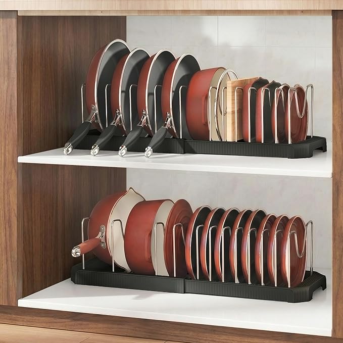 Pots and Pans Organizer for under Cabinet, Pan Pot Organizers inside Cabinet, Expandable Organizer with 12 Adjustable Dividers for Cookie Sheets, Cutting Boards, Pot Lids, Cookware - Pan Rack, Black