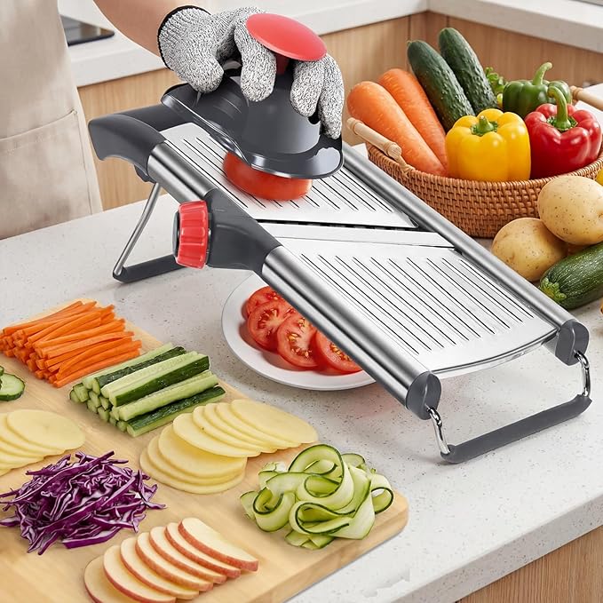 Masthome Adjustable Mandoline Slicer, Thin to 9mm Slice, 4.5mm & 9mm Julienne - Vegetable Cutter for Potato Carrot Onion - Stainless Steel - with Glove & Brush (Red)