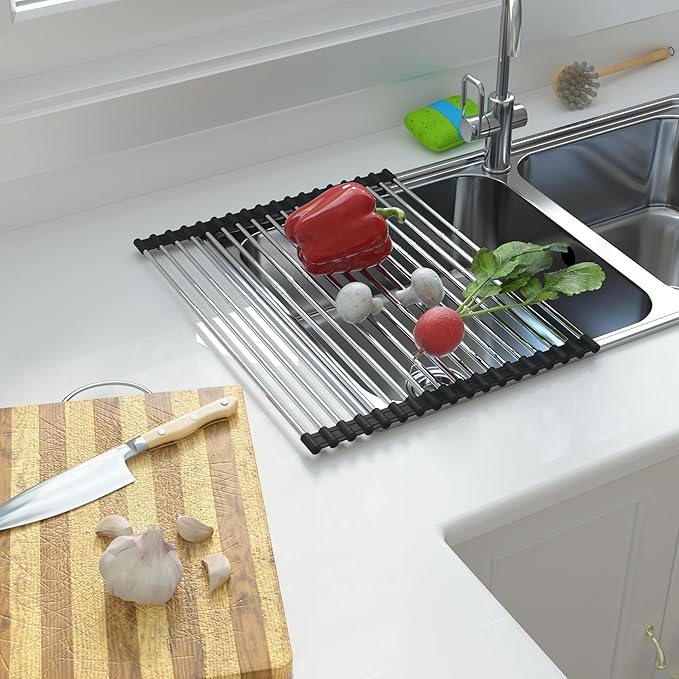 Expandable Roll Up Dish Drying Rack Over The Sink Rack, Large Dish Drainer Rack for Stainless Steel Sinks, Non-Slip Silicone Collapsible Rack 18 Tube for Kitchen,Sliver