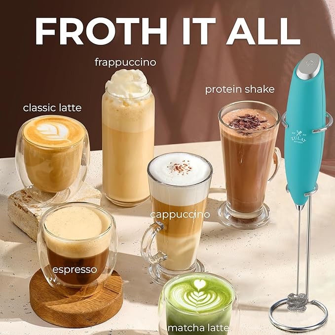 Zulay Kitchen Powerful Milk Frother Wand With Duracell Batteries - Ultra Fast Handheld Drink Mixer - Electric Whisk Foam Maker for Coffee, Lattes, Cappuccino & Matcha - Triple Whisk - Pacific Blue