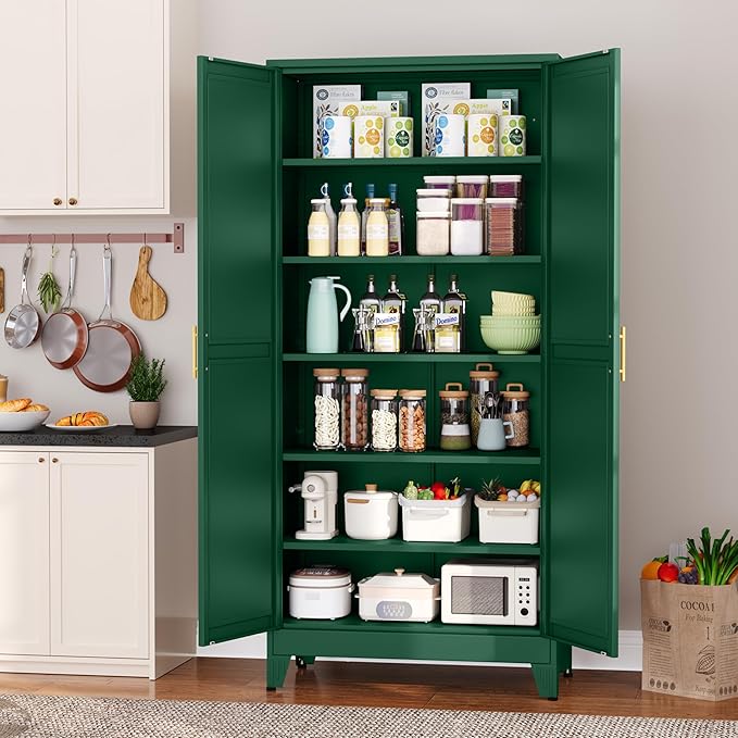 Metal Pantry Cabinet with 2 Doors and 5 Adjustable Shelves, 75"Kitchen Storage cabinets with Gold Handles, Versatile Storage for Laundry Room, Living Room, Bathroom, Dinning Room, Utility Room-Green