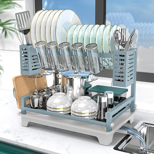 B-Land Dish Drying Rack, 2 Tier Dish Racks for Kitchen Counter, Large Dish Drying Rack with Drainboard & Utensil Holders, Rust-Proof Dish Drainers