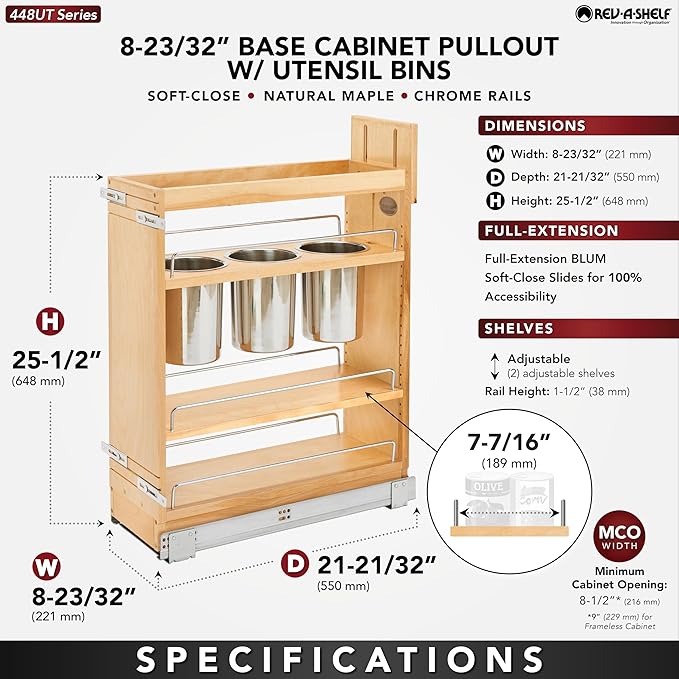 Rev-A-Shelf Maple Pullout Utensil Organizer with 3 Bins & BLUM Soft-Close for Full-Height Base Cabinets, Full Extension Slides, Adjustable Shelves, Min Opening Width of 8.5", 448UT-BCSC-8C