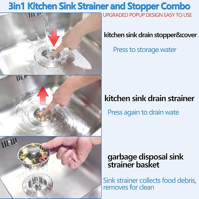 Kitchen Sink Drain Strainer for 3-1/2 Inch Drain Hole, 3-in-1 304 Stainless Steel Pop-Up Sink Strainer and Stopper with Anti-Clog Filter Basket & Food Catcher (Silver, 1 Pack)