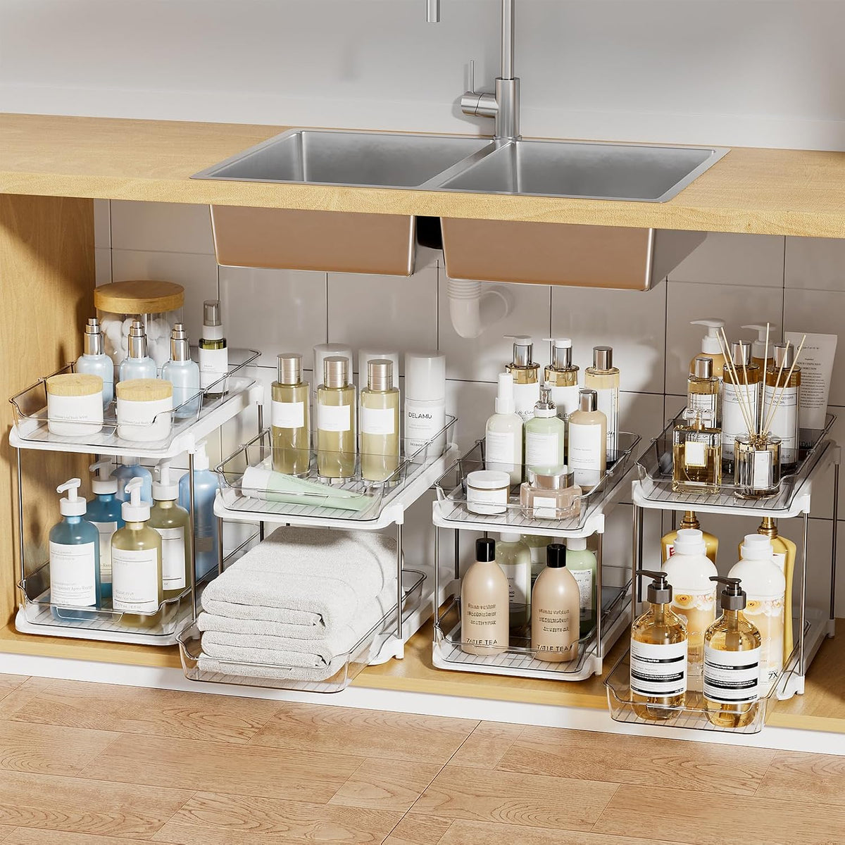 2-Tier Multi-Purpose Bathroom Under Sink Organizers and Storage, Stackable Kitchen Pantry Organization, Pull Out Medicine Cabinet Organizer with Movable Dividers, White, 4Pack