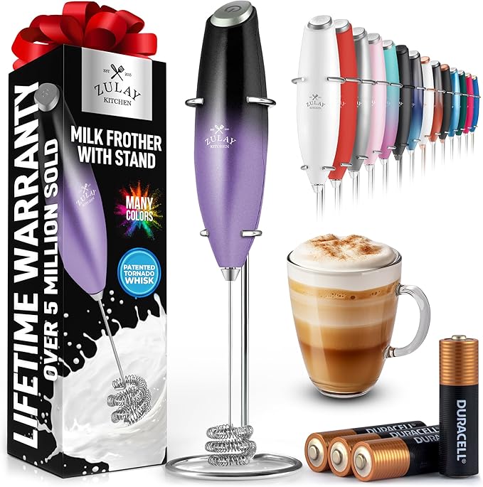 Zulay Kitchen Powerful Milk Frother Wand With Duracell Batteries - Ultra Fast Handheld Drink Mixer - Electric Whisk Foam Maker for Coffee, Lattes, Cappuccino & Matcha - Triple Whisk - Nebula