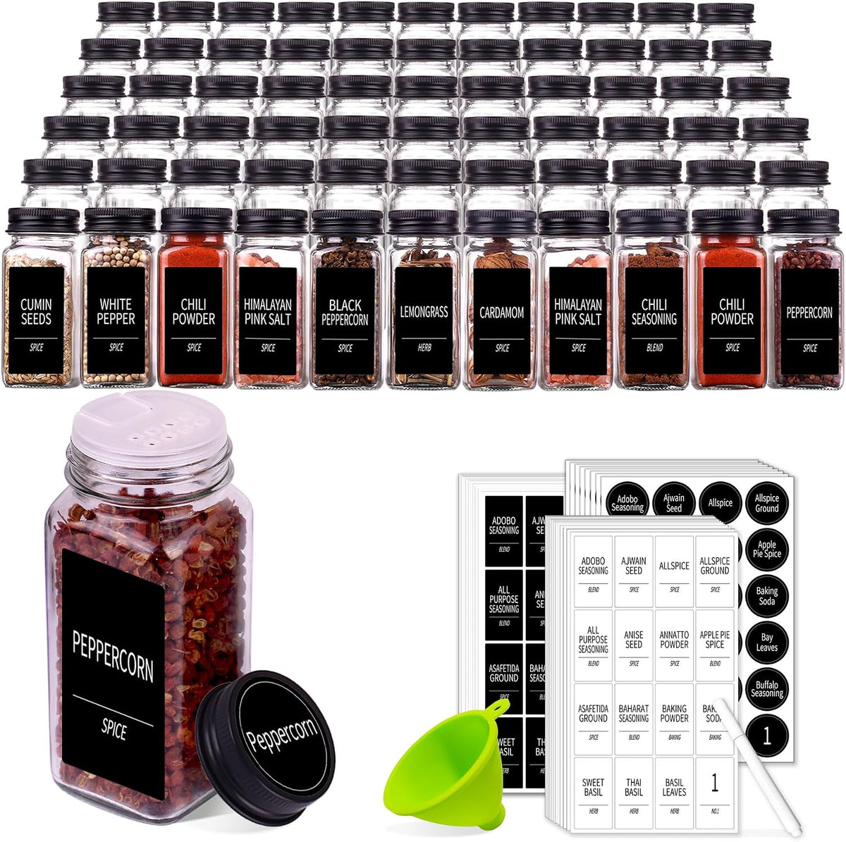 66 Pack Glass Spice Jars with Labels, 4oz Spice Containers
