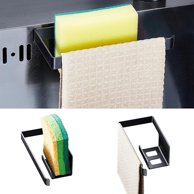 Sponge Holder for Kitchen Sink, Adhesive Dishcloth Holder, Dish Sponge Kitchen Sink Caddy 2 In 1, Metal Dishcloth Racks Sink for Dishcloths, Sponges, Brushes and Glove (Black)