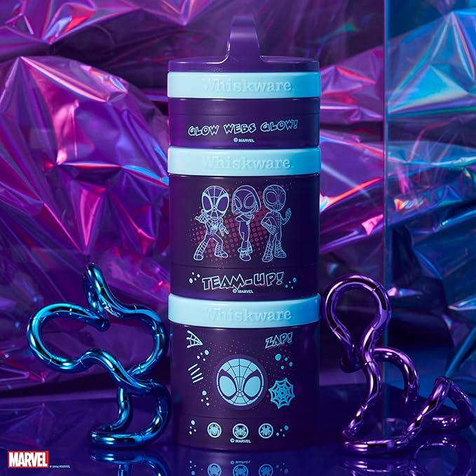 Whiskware Spider-Man Team Spidey Stackable Snack Containers for Babies, Kids, and Toddlers, 3 Stackable Snack Cups for School or Travel, Cupholder Friendly, Glow Webs Glow!