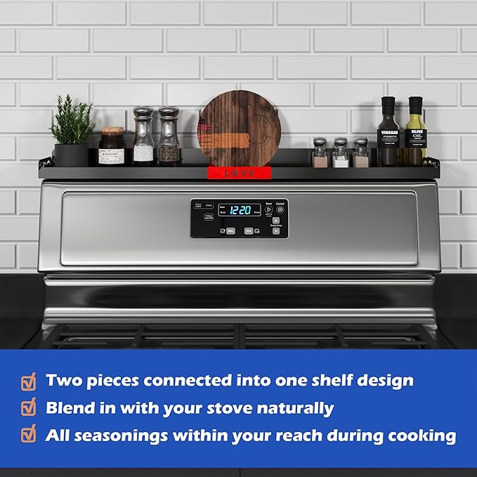 STUTOV 30" Magnetic Stove Top Shelf – Black Spice Rack with Red LOVE Design – Seasoning Organizer for Back of Stove – Over Stove Rack and Kitchen Storage Shelf