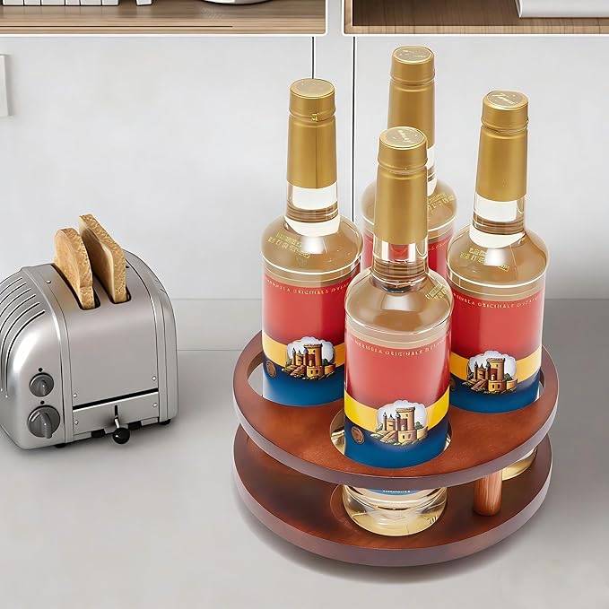 Wood Rotating Coffee Syrup Organizer, 4 Bottles Coffee Syrup Rack, Coffee Station Organizer with Large Base and Anti-Slip Pad