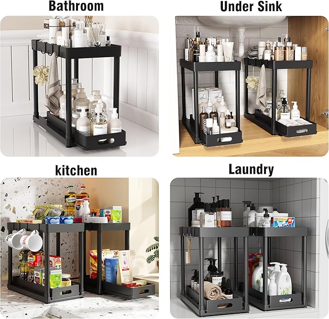 2 Pack Pull-Out Storage Organizers, Under Sink Organizer and Storage for Bathroom & Kitchen,Multi-Purpose Under Cabinet Organizers and storage Black