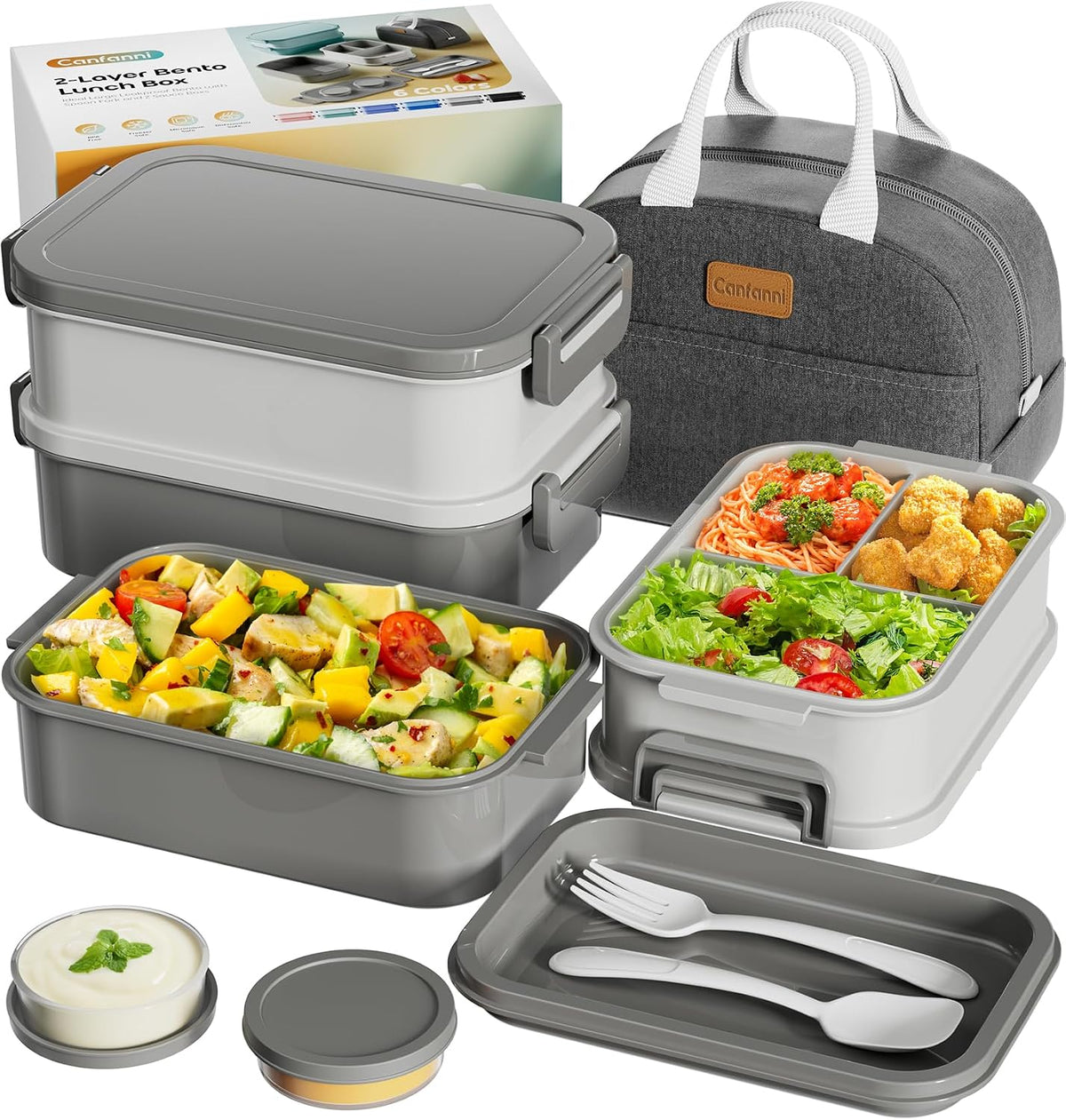 Adults Bento Box with Thermo Bag, 74oz Capacity 3 Stackable, Gray