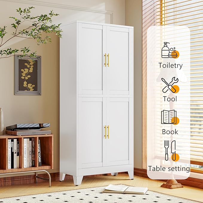 winiowa 75" Tall Kitchen Pantry Cabinet, Metal Storage Cabinet with Doors and Adjustable Shelves, White Freestanding Pantry Cabinet for Kitchen, Dining Room, Living Room, Laundry Room, Bathroom