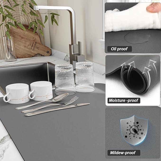 HotLive Dish Drying Mat for Kitchen Counter, Heat Resistant Drainer Mats with Non-slip Rubber Backed, Hide Stain Kitchen Super Absorbent Draining Mat, Easy to Clean Dish Rack Pad, Dark Grey 18"x24"