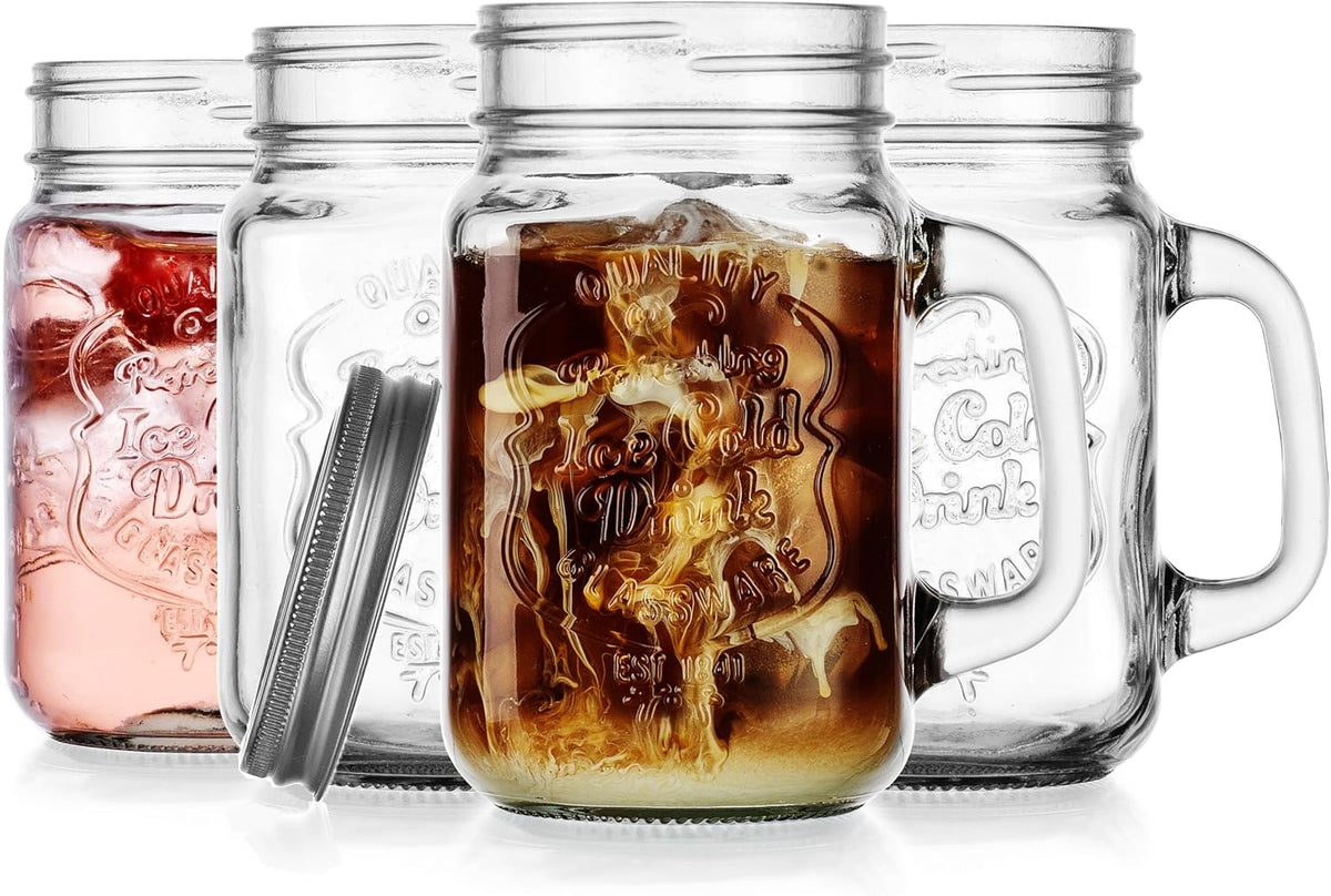 Mason Drinking Jars – Set of 4, 15.25 Oz Clear Glass Jar with Handle and Lid. – Ice-Cold Drink Glassware Logo – Glass Mugs Ideal for Cold Beverages, Juice, Smoothie, Cocktails.