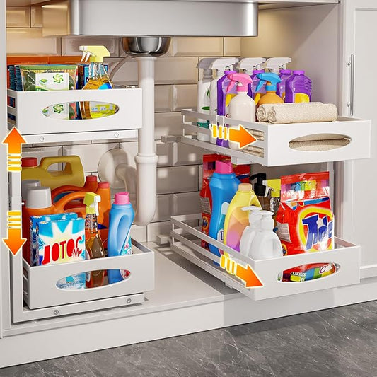 Under Sink Organizer, 2 Tier Under Sink Organizers and Storage, White, 2 Pack