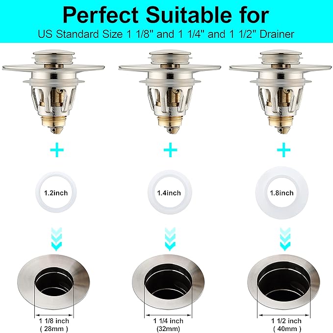 Universal Bathroom Sink Stopper - Bounce Wash Basin Drain Filter, Brushed Nickel Pop Up Drain Stopper, Bullet Core Push Type Sink Stopper, Sink Drain Plug with Anti-Clogging Strainer, for 1.1-1.5 inch