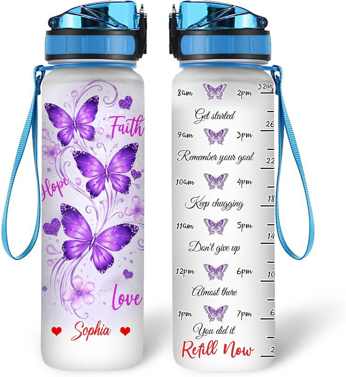 Personalized Purple Butterfly Water Bottle - 32oz Motivational Water Bottle with Leak-Proof Lid & Time Marker - Custom Name Gift for Butterfly Christ Lovers Women - Birthday & Christmas Gift