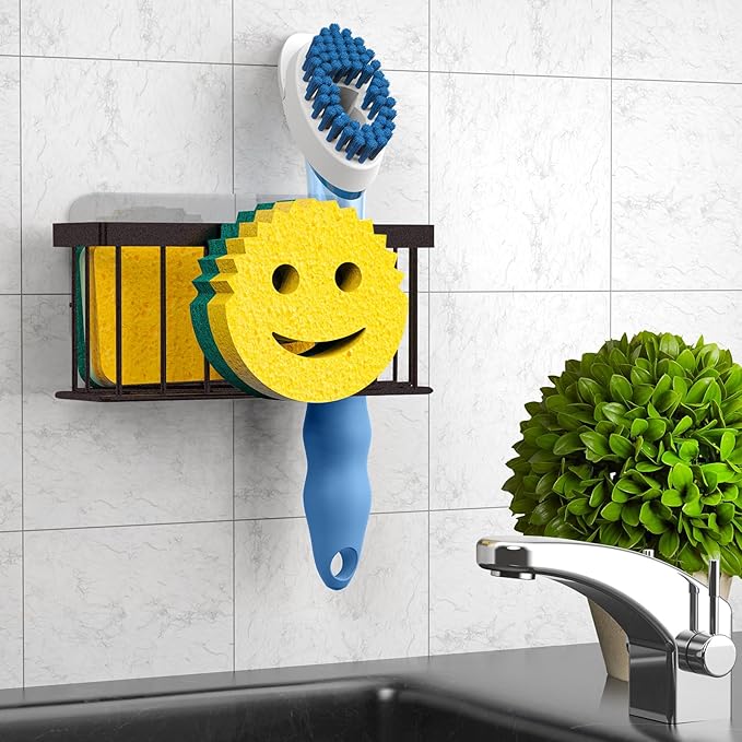 MURLONG Sponge Holder Smiley Face, Sink Caddy for Kitchen Sink, Sink Organizer Sponge Holder with 2 PCS Suction Cups/1 PCS Adhesive Strips, Designed for Sponge, Soap, Dish Brush, Scrubber-Bronze