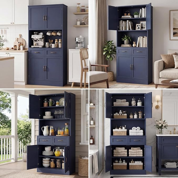 HOSTACK 71“ Tall Kitchen Pantry Storage Cabinet, Modern Kitchen Hutch Bar Cabinet with Microwave Stand, Wood Buffet Sideboard with Hutch, Cupboard with Drawers, Shelves for Dining Room, Blue